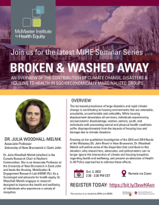 The image is the information poster for the "MIHE Seminar Series: Broken & Washed Away". The poster contains the event information (also listed on this page) and a QR code that takes the user to the registration link.