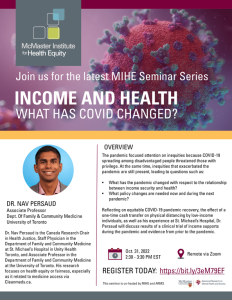 The image is the information poster for the "Income and Health What has Covid Changed Seminar Series". The poster contains the event information (also listed on this page) and a QR code that takes the user to the registration link.