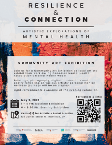 The image is the information poster for the Artistic Explorations of Mental Health Call Community Art Exhibit. The poster contains the event information (also listed on this page) and a QR code that takes the user to the registration link.
