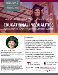 The image is the information poster for the educational Inequalities Autism, Mental Health Conditions * College Success Speaker Event. The poster contains the event information (also listed on this page) and the registration link.