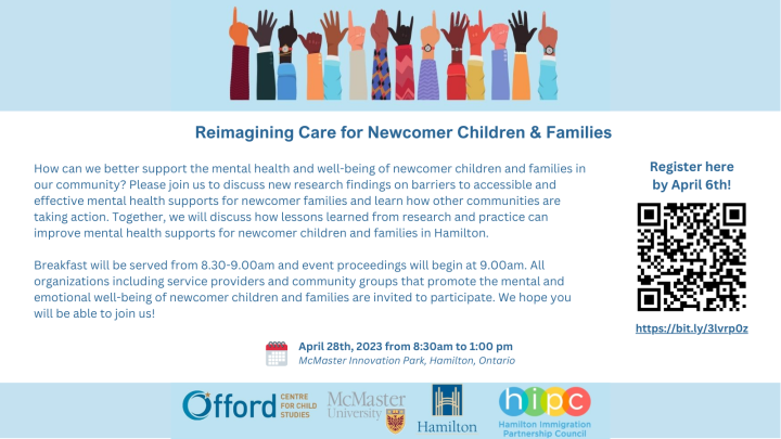 The image is the information poster for the "Reimagining Care for Newcomer Children & Families" speaker event. The poster contains the event information (also listed on this page) and a QR code that takes the user to the registration link.